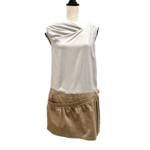 BRUNELLO CUCINELLI GRAY SILK & TAN/BROWN COTTON DROP WAIST SLEEVELESS MINI DRESS